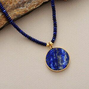 NWT Beaded Necklace Round Pendant18K Gold Plated Natural Lapis Lazuli